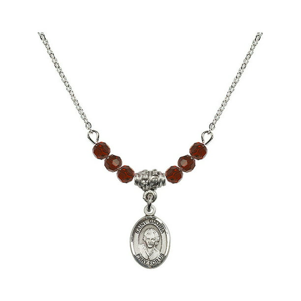 Bonyak Jewelry 18 Inch Rhodium Plated Necklace w/ 4mm Red January Birth Month Stone Beads and Saint Gianna Beretta Molla Charm 